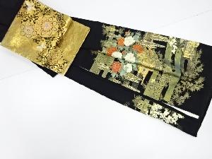 リサイクル　作家物　箔置き　ヱ霞に花車模様留袖　袋帯セット(比翼付き)